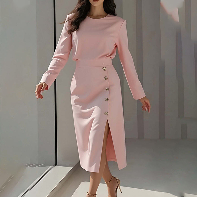 Elegant Style Round Neck Solid Color Dress Long Dress for Women